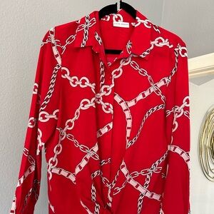 Susan Graver Red Chain Print Button Down Shirt